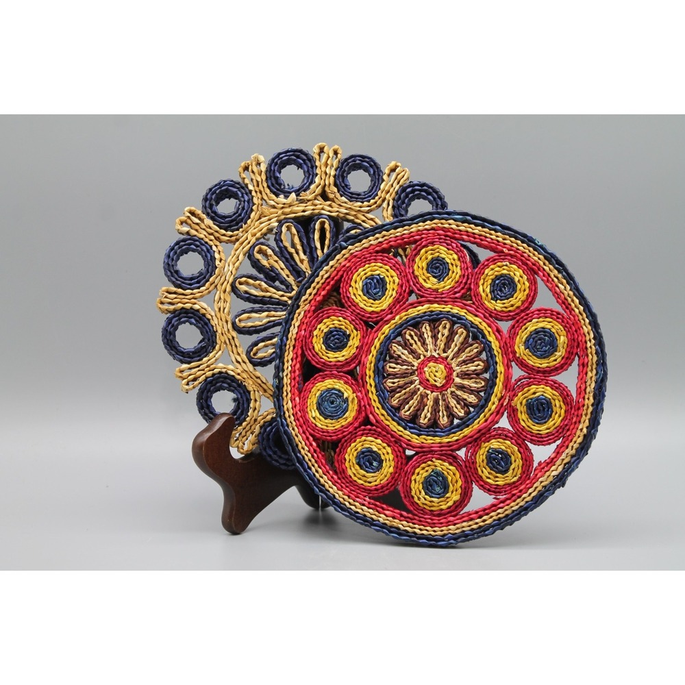 Vintage Raffia Trivets Set of 2 Woven Straw Colorful Boho Folk Art Hot Pads